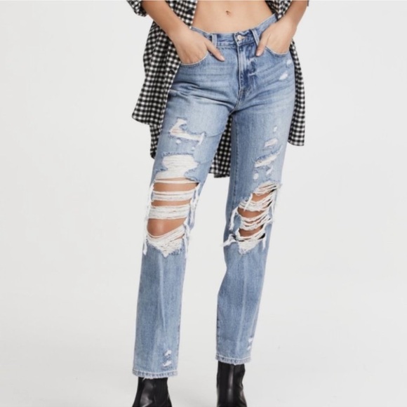 Pistola Presley Straight Distressed Girlfriend Jeans High Rise Denim Blue - Picture 1 of 8